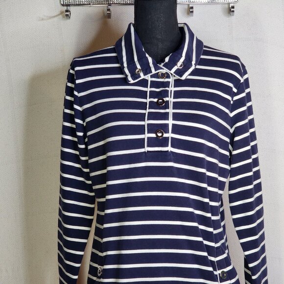 Karen Scott Sport Navy Stripe Cotton Span LS 1/4 Snap Up Stand Collar Top Sz M - Picture 6 of 16